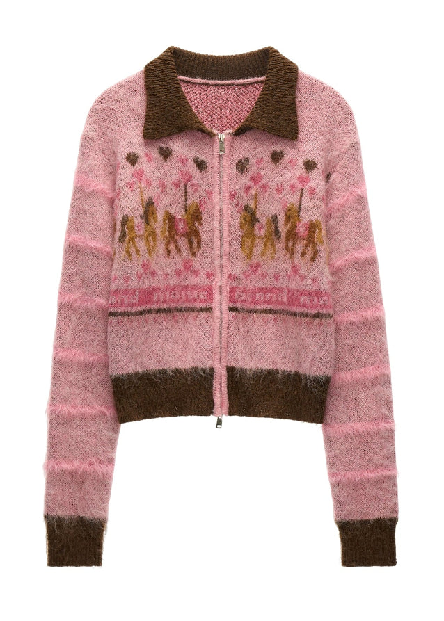 pink pony knit cardigan, cute zip sweater women, pony embroidered knit top, kawaii y2k pink sweater, slim fit pastel knit cardigan, amusement park pony jacket, cute core knitwear women 2025, korean pink cardigan outfit, nowa tokyo kawaii fashion