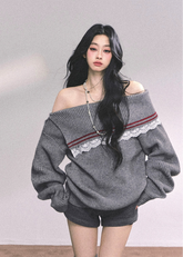 off shoulder knit sweater women, preppy lace sweater, british style grey knit, slanted shoulder knit top, loose winter pullover, fw25 preppy knit, lace inset sweater, american preppy sweater women, gray off shoulder top