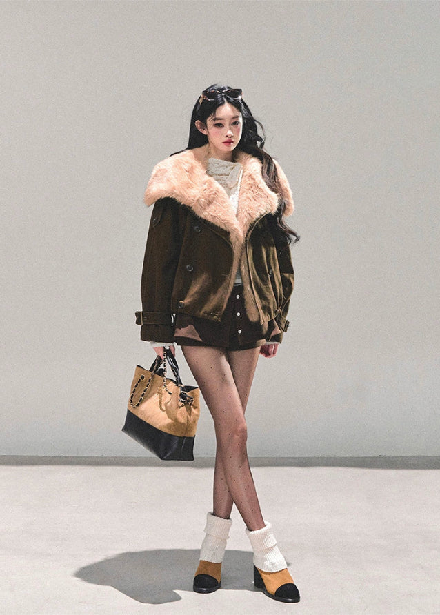 eco fur jacket women, brown plush winter coat, faux fur collar jacket, loose warm winter top, chestnut fur jacket, fluffy winter outerwear, korean eco fur fashion, fw25 warm plush coat, women faux fur jacket, winter statement coat