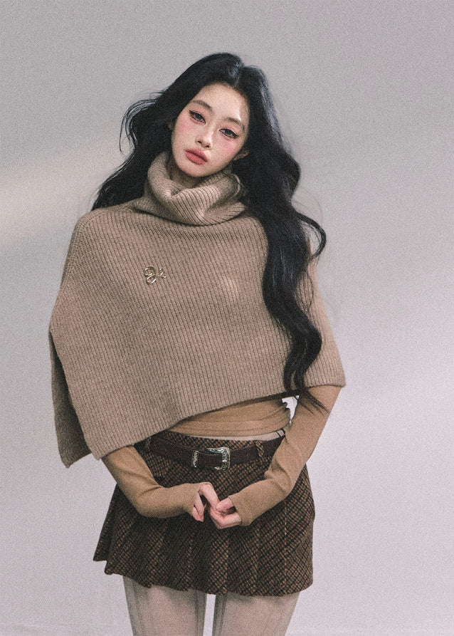 french knit shawl, turtleneck knit cape, women's autumn knit tops, fall winter knitted shawl, korean street style knit top, elegant french style sweater, draped knit poncho, cozy turtleneck wrap, chic knit cloak sweater, layered knit shawl for women, fall fashion tops women, kawaii korean knitwear, oversized knit wrap top, soft wool knit cape, trendy knitted fall tops