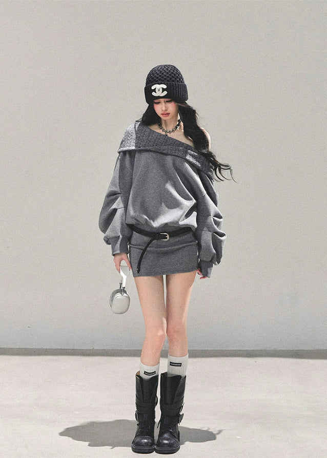 grey off shoulder dress, oversized sweatshirt dress, one shoulder sweat dress, autumn winter street dress, grey mini sweatshirt, american style sweater dress, fw25 oversized dress, korean street fashion dress, grey off shoulder top dress
