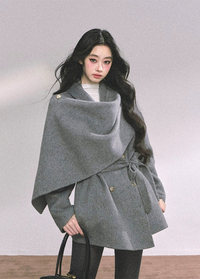 reversible wool coat women, french style wool jacket, draped shawl wool coat, winter warm woolen coat, grey wrap wool coat, loose wool jacket autumn winter, fw25 wool outerwear, double sided wool coat, elegant winter coat women