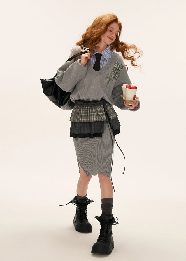 u neck sweater dress, gray knit dress women, tape trim knit dress, preppy style fall dress 2025, high end sweater dress, korean preppy fashion women, slim knit autumn dress, quiet luxury knit outfit, nowa tokyo elegant street style