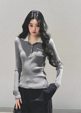 polo knit top women, ribbed long sleeve polo, slim fit knitted t-shirt, autumn winter polo top, american style knit tee, contrast collar knit top, wendy letter knit, fw25 ribbed top, preppy polo shirt women, korean slim knitwear