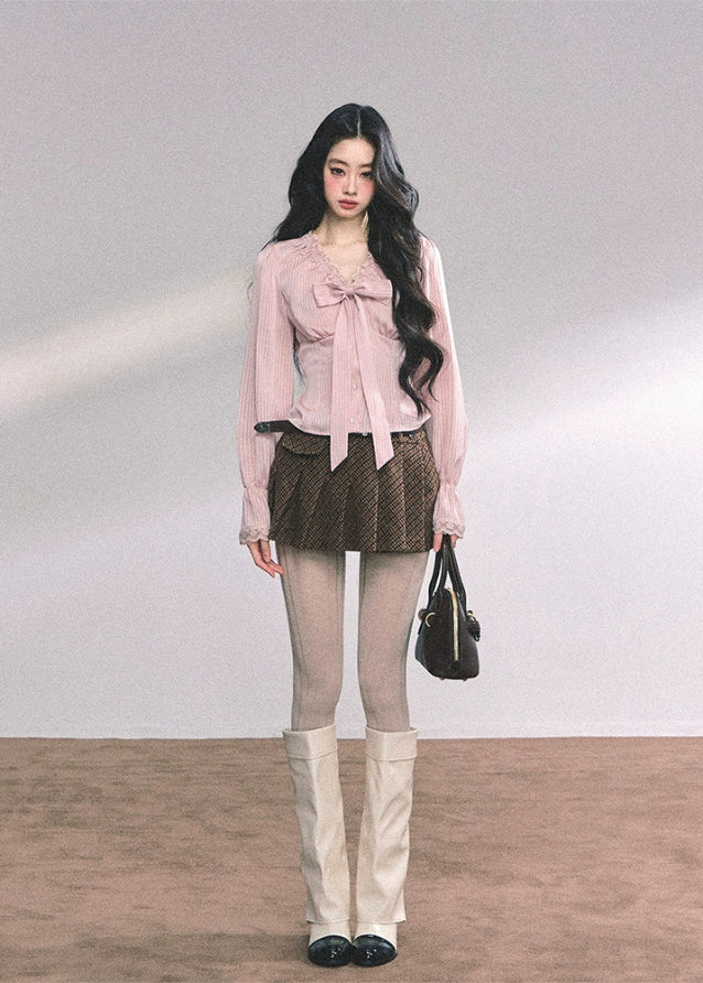 french bow blouse women, striped lace shirt, pink ribbon top slim fit, autumn long sleeve blouse, high end french shirt women, fw25 lace bow blouse, satin bow top women, slim striped blouse, romantic lace ruffle shirt