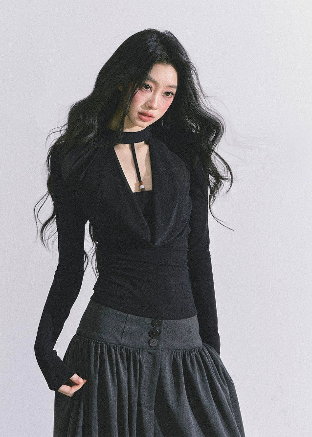 sexy drape top, fake two piece top, mesh layered top, baddie aesthetic top, pure desire outfit, korean fashion top, korean streetwear women, chic black top, white drape top, fall fashion women, trendy women's tops, clubwear top, elegant draped blouse, gothic chic top, long sleeve sexy top, cut out neckline top, Y2K baddie style, womens fall tops 2025, korean american fashion, off shoulder style top