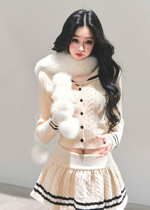 preppy knit set women, winter cardigan skirt set, cable knit two piece outfit, ivory knitted suit, soft girl winter set, preppy mini skirt outfit, fw25 knit twinset, korean winter fashion two piece, warm knit skirt set women