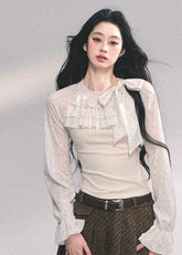 lace ruffle knit top women, fake two piece french shirt, autumn white lace blouse, slimming long sleeve knit, moonlight lace top, fw25 french knitwear, frill front knit shirt, ivory lace sleeve top, elegant ruffle knit women