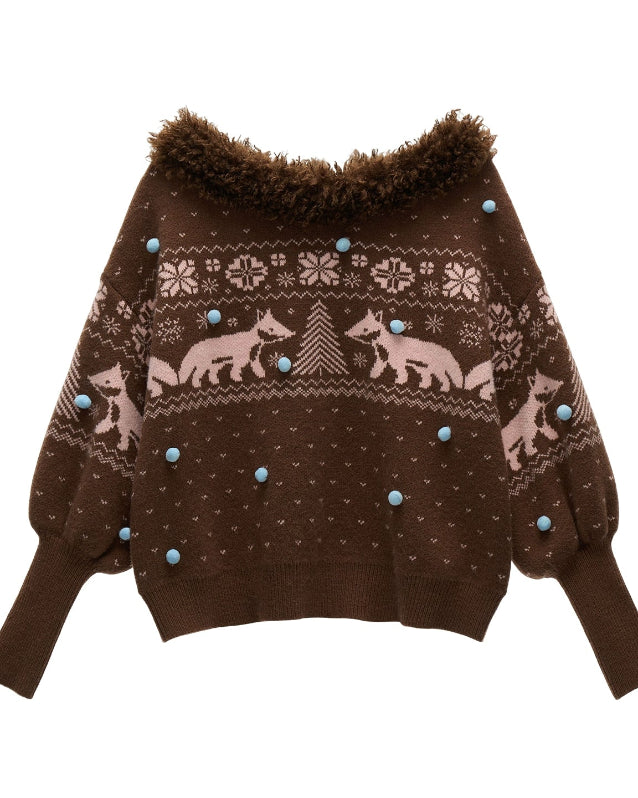 fox fair isle sweater women, v neck winter knit top, fair isle fox pattern knit, cozy lazy fit sweater women, korean winter knit fashion, fall winter 2025 sweater trend, nordic pattern fox pullover, cute warm knitwear outfit women, nowa tokyo cozy street style
