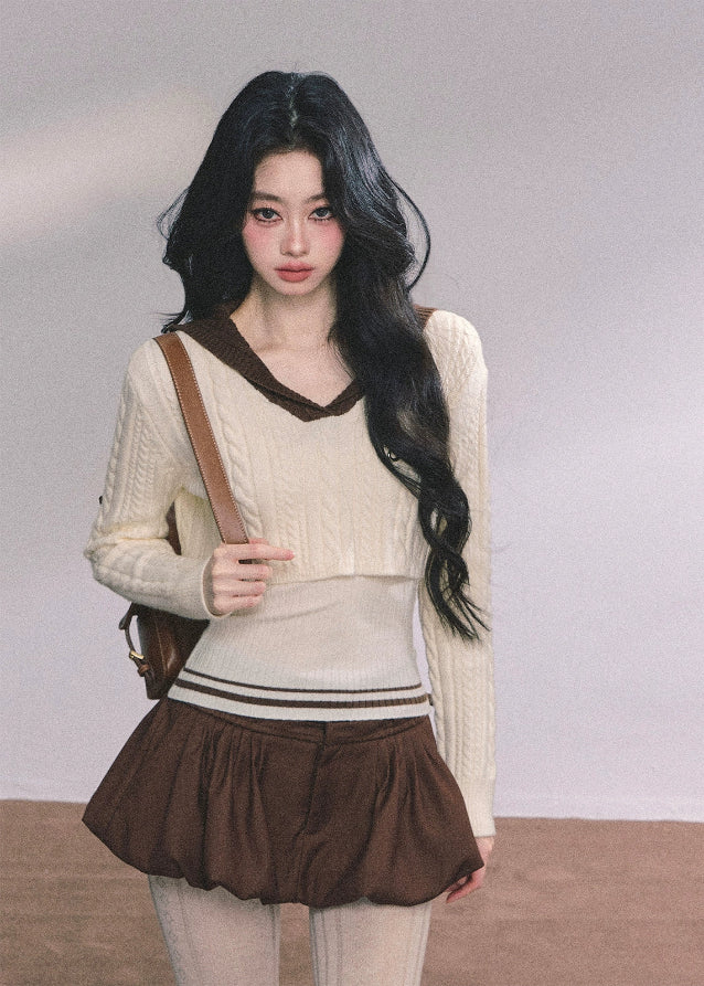 knitted sweater set, layered knit top, two-piece knit set, navy collar sweater, Korean fashion sweater, fall winter knit top, layered college style top, trendy knit outfit, Korean-American streetwear, women’s autumn knit set, chic layered sweater, cute fall outfit, preppy knit ensemble, elegant French knitwear, soft knitted long sleeve top