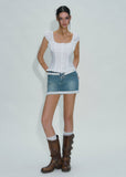 허리 디자인이 돋보이는 화이트 레이스 탱크 & 데님 스커트 세트