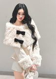 winter three piece set, fur cloak suit women, luxury holiday outfit, bow coat winter, white fur trim set, christmas light luxury clothing, winter shorts set, korean winter fashion suit, elegant fur cape outfit, fw25 womens coat set