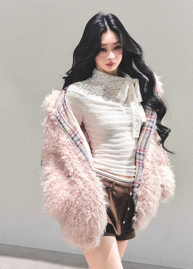 pink lambswool jacket, thickened padded coat women, hooded plush winter jacket, lambcore fluffy coat, korean winter pink jacket, soft girl winter coat, warm padded outerwear women, fw25 plush jacket, hooded lambswool top, pink fluffy winter jacket