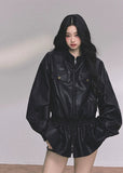 black pu leather jacket women, faux leather moto jacket, stand collar leather jacket, oversized leather jacket women, korean fashion leather jacket, fall winter moto coat, cool wind biker jacket, loose fit pu jacket, trendy black leather top, street style outerwear women