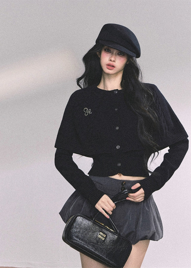 cape knit sweater women, twist knit capelet top, layered knit sweater, autumn winter slim knit top, american style cape knit, fw25 knitwear women, cape style cardigan, long sleeve cape sweater, cute cape top women