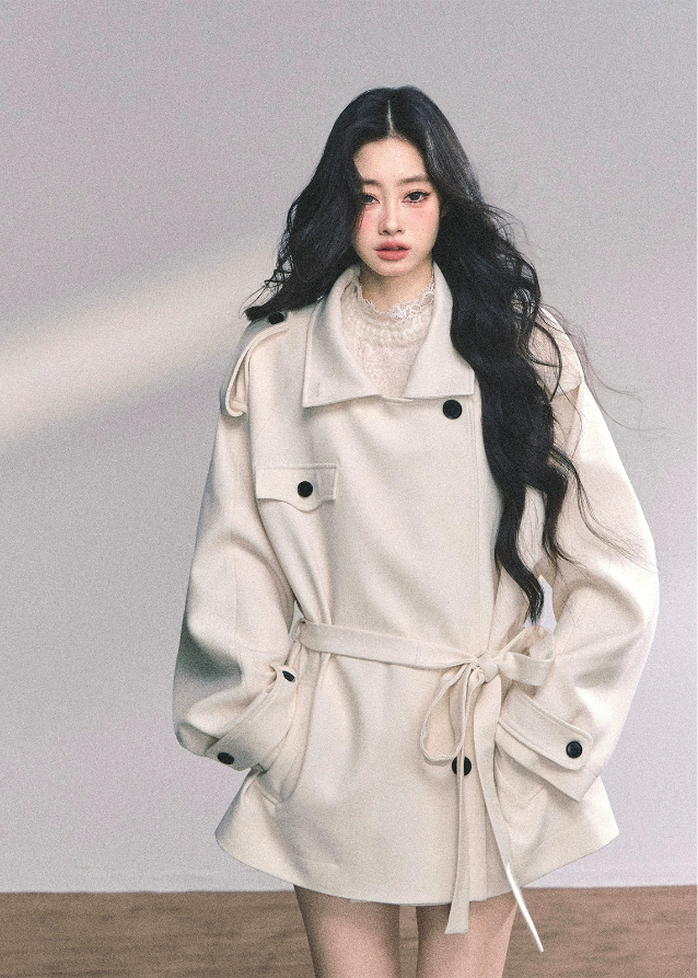 french wool coat women, english style wool jacket, ivory belted winter coat, oversized slimming wool coat, high end woolen coat women, fw25 winter outerwear, loose wool wrap coat, korean ivory wool coat, elegant winter wool jacket