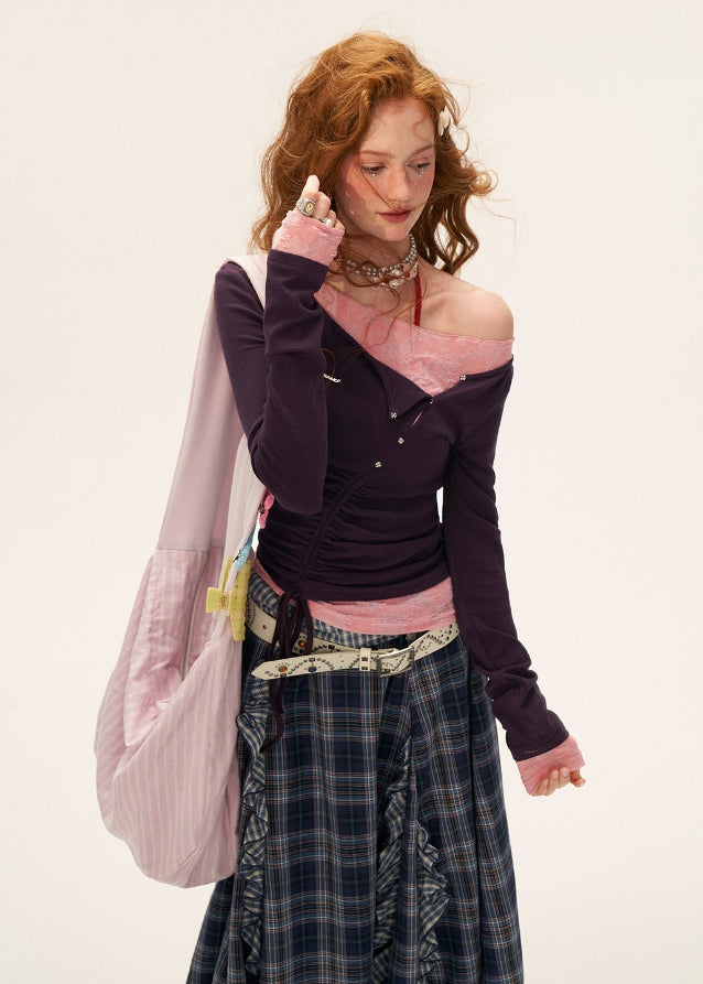 one shoulder lace top, lace shirring long sleeve shirt women, slim fit fall top 2025, asymmetric lace tee womens, street femme fashion top, korean slim inner top, fall layering shirt women, elegant lace one shoulder shirt, nowa tokyo womens fashion