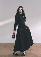 french two piece set women, miu style jacket set, noble lady outfit, autumn winter elegant set, kyoto rich daughter set, fw25 luxury two piece, black maxi skirt set, french cropped jacket outfit, elegant winter ensemble