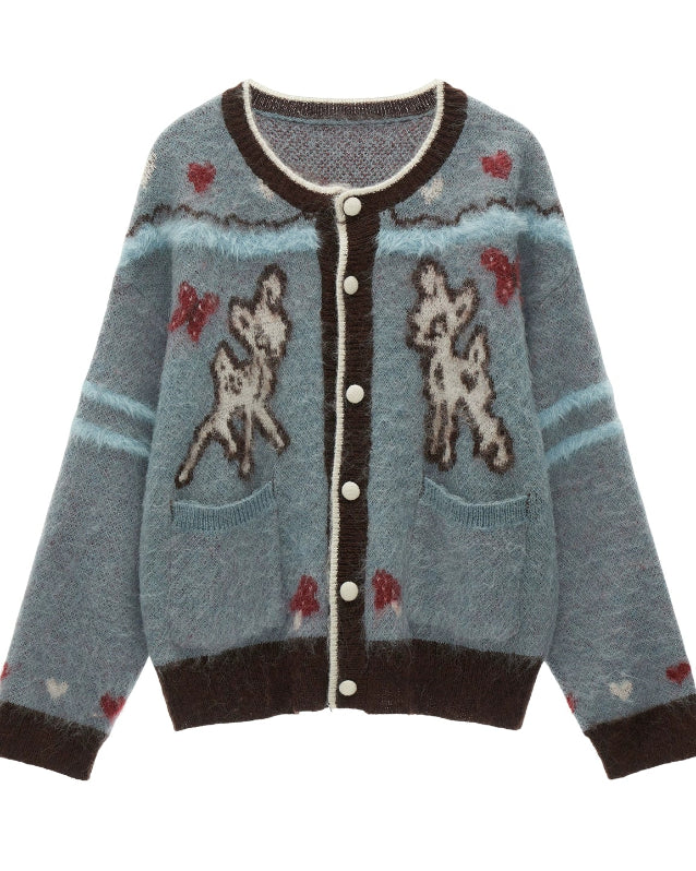 butterfly fawn cardigan, cute animal embroidery sweater, kawaii knit cardigan women, fairycore cardigan aesthetic, y2k cute knit sweater, fall 2025 cute cardigan, korean soft street knitwear, embroidered animal cardigan outfit, nowa tokyo kawaii fashion