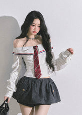 off shoulder striped shirt women, korean style off shoulder top, seoul fashion blouse, long sleeve bardot striped top, cute commuter top women, korean american street style shirt, preppy stripe blouse, autumn slim fit top women, trendy off shoulder blouse, pinstripe bardot top, school girl aesthetic top