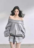 grey off shoulder dress, oversized sweatshirt dress, one shoulder sweat dress, autumn winter street dress, grey mini sweatshirt, american style sweater dress, fw25 oversized dress, korean street fashion dress, grey off shoulder top dress