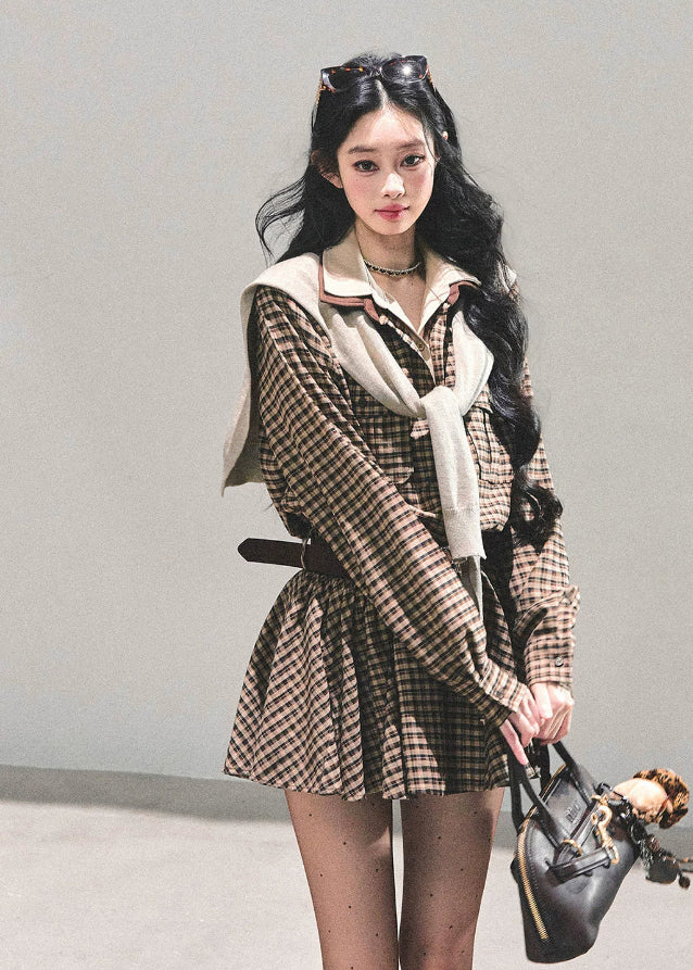 plaid shirt dress women, faux two piece dress, preppy plaid mini dress, american style check dress, winter shirt dress women, pleated plaid mini, brown plaid outfit, fw25 plaid fashion, layered look dress women, korean preppy dress