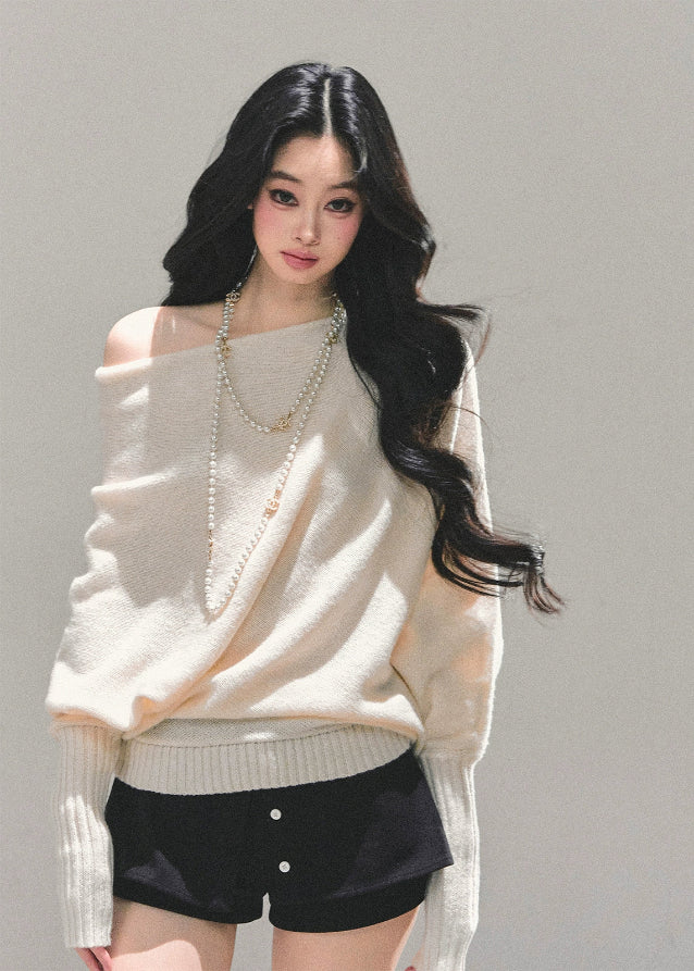 off shoulder knit sweater women, soft knit pullover, pastel slanted shoulder top, autumn oversize knit, gentle style sweater, korean soft knit top, blush knit sweater, fw25 knitwear