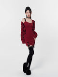 Wine Red Dress Dress Knitted Short Cardigan