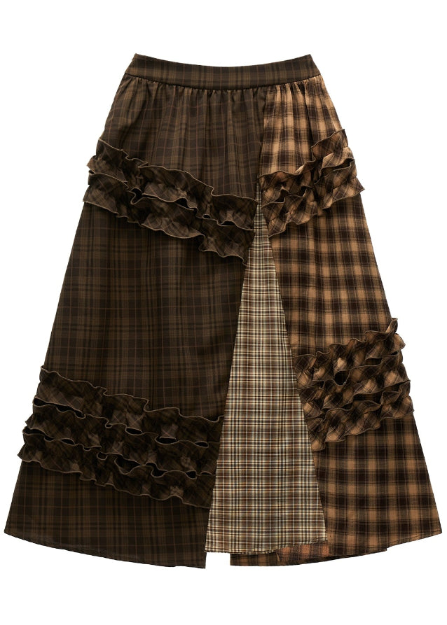 brown plaid skirt, layered midi skirt, patchwork check skirt, ruffle plaid skirt, autumn winter outfit women, mocha mid length skirt, fw25 collection, street boutique fashion, korean plaid fashion, tokyo style skirt