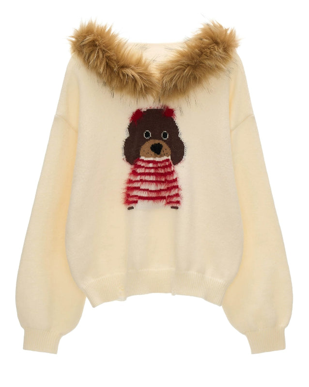 cute dog sweater, fur collar hoodie, winter knit jacket, women loose design top, fluffy hooded sweater, casual street fashion, fw25 collection, cozy fur knit, korean streetwear, tokyo winter outfit