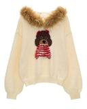 cute dog sweater, fur collar hoodie, winter knit jacket, women loose design top, fluffy hooded sweater, casual street fashion, fw25 collection, cozy fur knit, korean streetwear, tokyo winter outfit