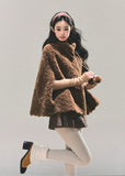 lamb wool cloak women, korean cape jacket, brown winter warm top, shearling cape coat, lambcore winter outerwear, mocha wool cloak, fw25 warm jacket women, poncho style winter coat, stand collar wool cape, cozy brown winter top