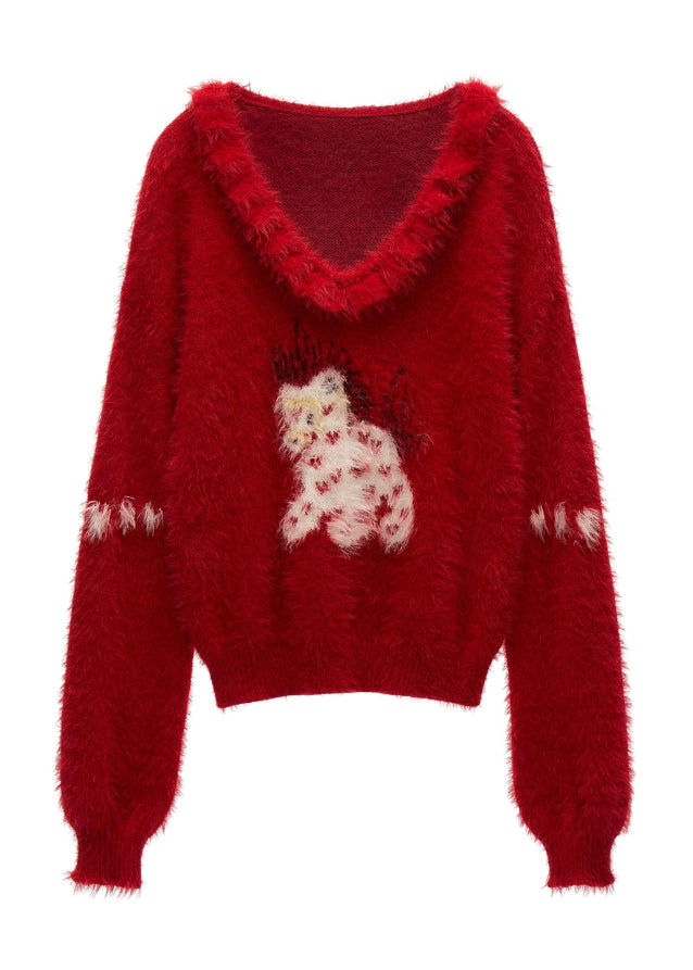 love pony sweater, red knit top, doll collar pullover, women fall winter sweater, sweet loose knit, lazy style fashion, fw25 collection, soft girl outfit, korean street fashion, tokyo boutique knit