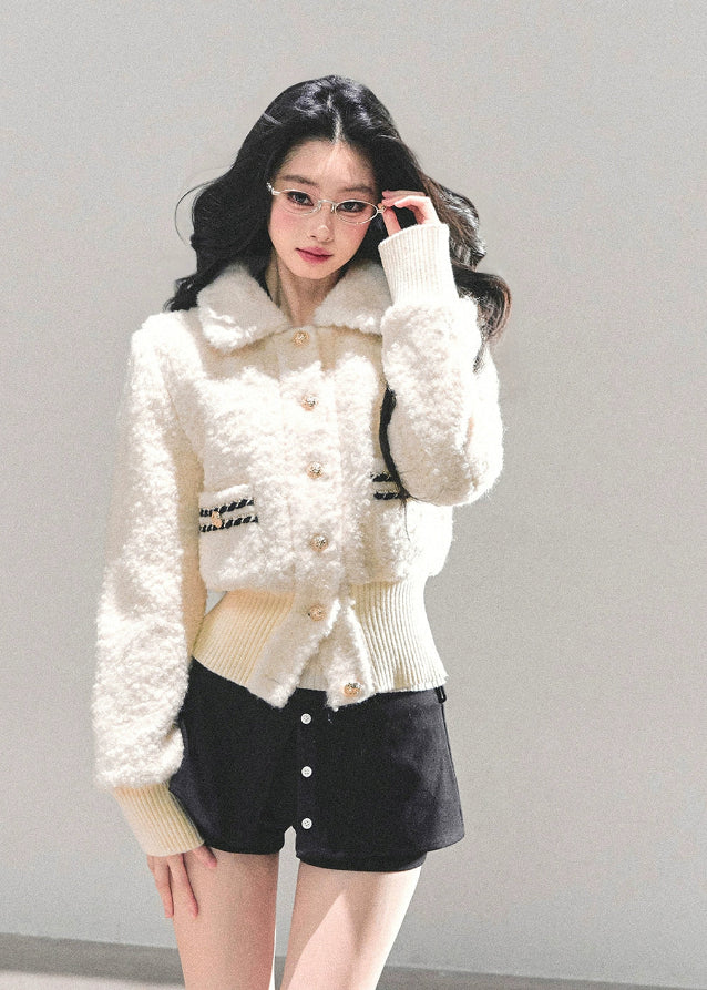 korean plush jacket women, cream wool padded coat, thickened winter jacket, skinny fit winter top, ivory fluffy jacket, warm padded sweater coat, fw25 korean fashion, soft plush winter coat, wool blend padded top, winter korean outerwear