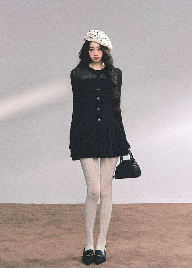 french knit dress women, sheer yoke sweater dress, autumn black knit mini, slimming waist knit dress, sexy knitted dress women, fw25 sweater dress, long sleeve knit skirt, noir knit mini dress, elegant french style dress