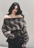 off shoulder plaid top, one shoulder shirt women, american plaid crop top, winter plaid long sleeve, slim fit check top, grunge plaid shirt women, fw25 plaid fashion, off shoulder winter blouse, rustic plaid crop top