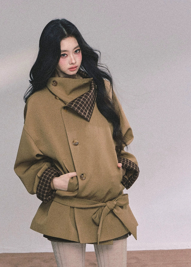 plaid trench coat women, stand collar trench coat, french style coat women, british style blazer coat, oversized autumn coat women, plaid lined jacket, korean fashion coat, loose fit trench coat, fall winter outerwear women, double breasted coat women, chic plaid trim coat, high neck trench jacket