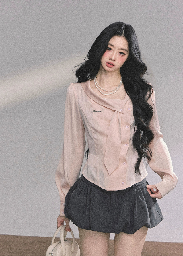 striped ribbon blouse, pastel stripe shirt women, korean girl ribbon top, french sweet blouse, commuter slim shirt, soft girl aesthetic blouse, autumn striped top women, elegant ribbon collar shirt, korean fashion blouse, feminine office top, light pink striped shirt, sweet style ribbon blouse, long sleeve stripe top women, cute pastel blouse, korean chic commuter top