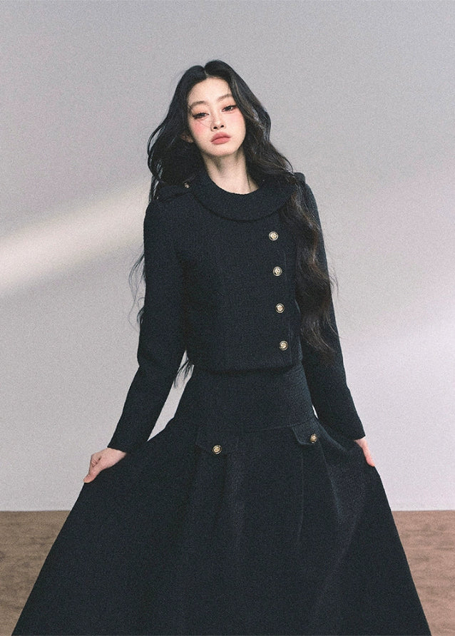 french two piece set women, miu style jacket set, noble lady outfit, autumn winter elegant set, kyoto rich daughter set, fw25 luxury two piece, black maxi skirt set, french cropped jacket outfit, elegant winter ensemble