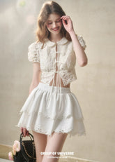 버블 밑단이 있는 은하수에서 영감을 받은 자수 레이스 스커트