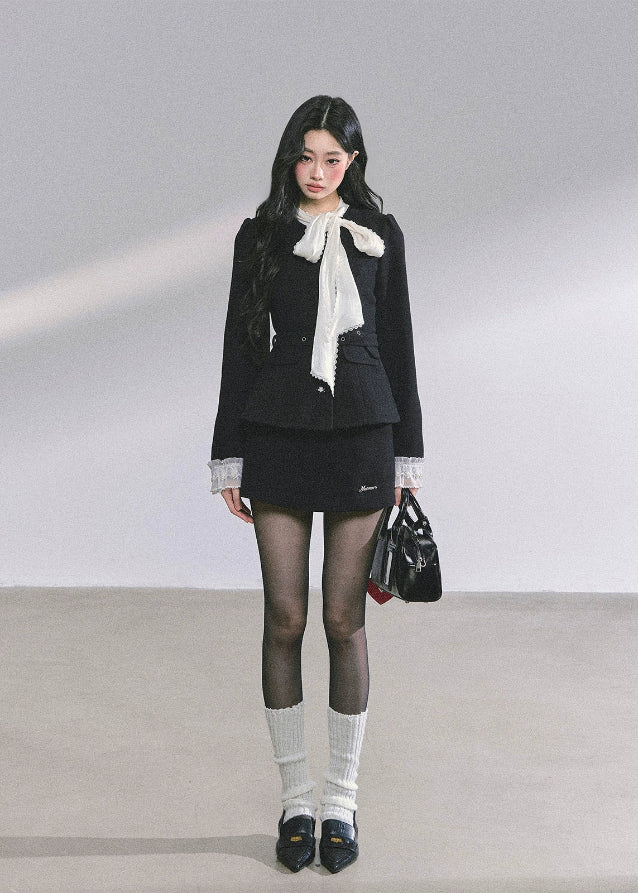 lace tie dress set, two piece suit dress women, French elegant outfit, bow tie mini dress, lace cuff blazer dress, Korean fashion set, rich girl outfit, classy black dress set, fall fashion women, luxury two piece set, chic blazer dress, mini skirt suit set, feminine lace trim outfit, Korean American style, elegant autumn outfit, designer inspired dress set, boutique fashion dress, 2025 women's fall outfits