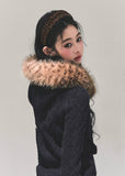 fur hood knit cardigan, black winter knit coat, twist sleeve knit top, hooded zip cardigan women, korean winter knit jacket, faux fur trim knitwear, long sleeve warm knit coat, fw25 street fashion knit, winter hooded sweater women