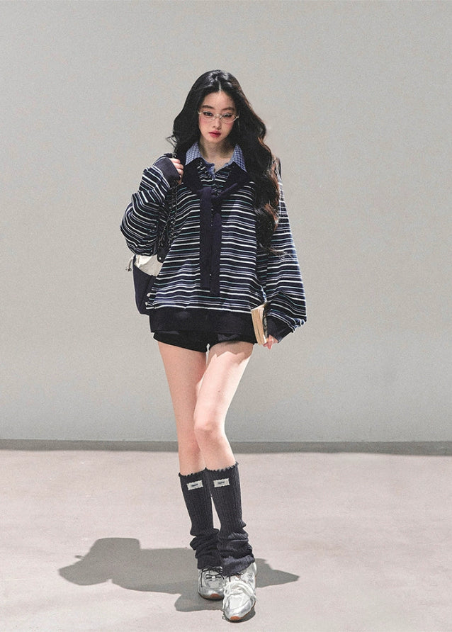 striped polo shirt women, fake two piece top, american style striped tee, layered polo collar shirt, autumn winter striped top, preppy stripe long sleeve, fw25 layered shirt women, korean retro stripe top, oversized stripe polo tee