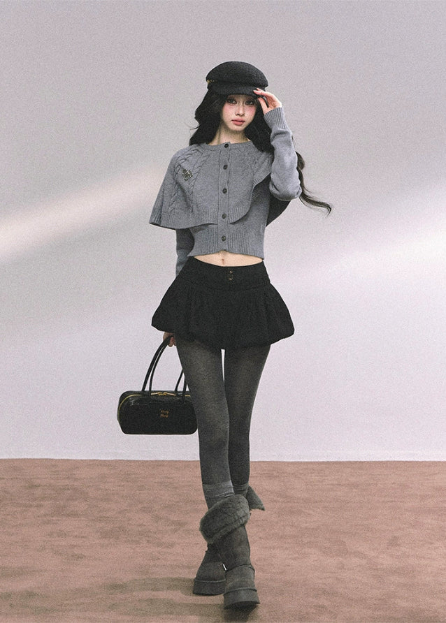 cape knit sweater women, twist knit capelet top, layered knit sweater, autumn winter slim knit top, american style cape knit, fw25 knitwear women, cape style cardigan, long sleeve cape sweater, cute cape top women