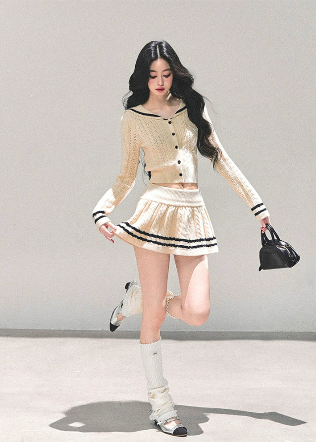 preppy knit set women, winter cardigan skirt set, cable knit two piece outfit, ivory knitted suit, soft girl winter set, preppy mini skirt outfit, fw25 knit twinset, korean winter fashion two piece, warm knit skirt set women