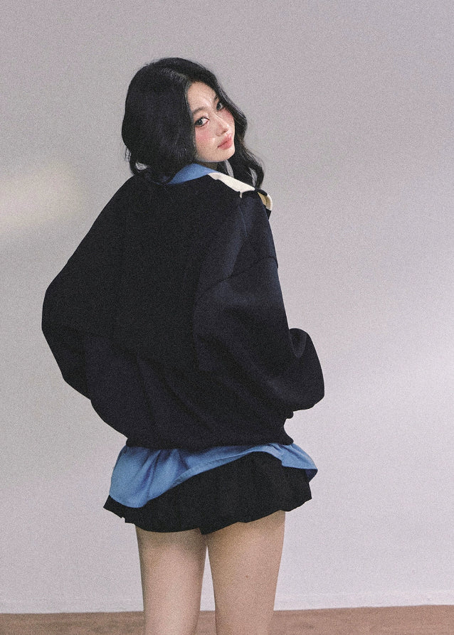 oversize sweatshirt women, layered polo sweatshirt, fake two piece top, Korean preppy style top, American college style pullover, fall winter oversized top, blue layered sweatshirt, preppy polo collar top, Korean fashion women tops, streetwear layered sweatshirt, oversized polo sweater, womens autumn casual tops