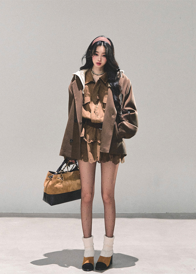 suede shirt dress women, faux two piece dress, brown cowhide dress, lace hem mini dress, autumn winter shirt dress, american suede style dress, browncore skirt dress, fw25 suede outfit, rustic suede mini dress, cutwork lace dress women