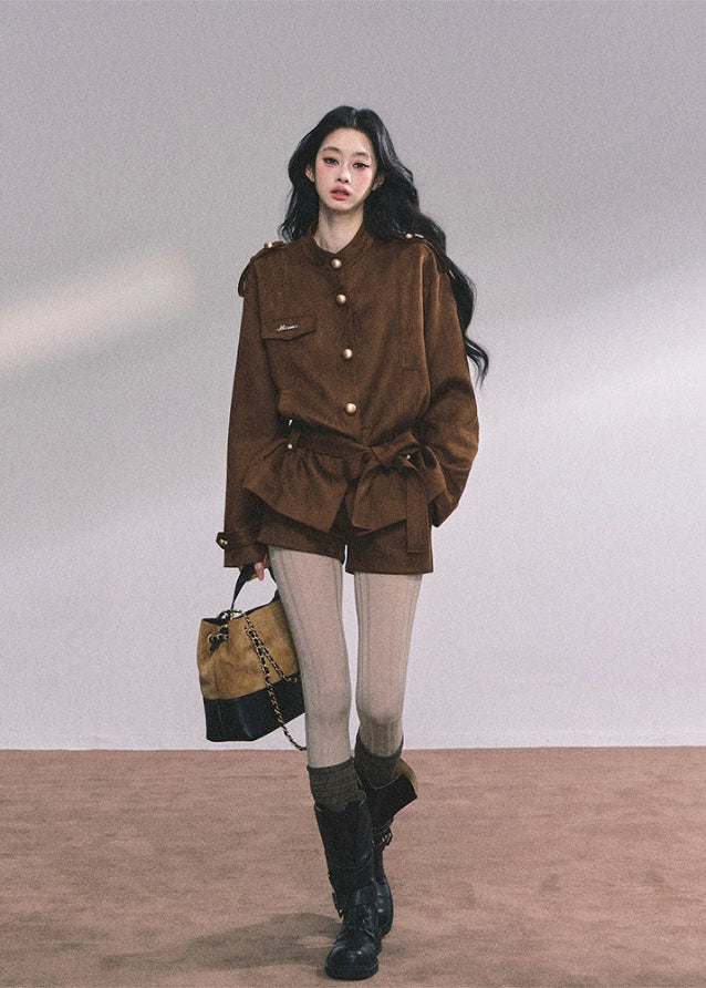 suede jacket set, suede two piece outfit, brown suede coat women, korean fashion suede set, fall winter suede suit, belted suede jacket, luxury suede co ord, trendy korean two piece outfit, soft suede autumn set, street style suede look, elegant suede jacket and shorts, boutique suede outfit women, suede utility jacket set, women's suede matching set
