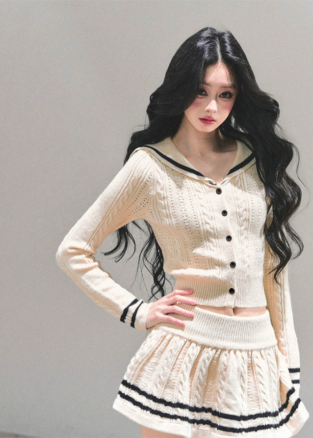 preppy knit set women, winter cardigan skirt set, cable knit two piece outfit, ivory knitted suit, soft girl winter set, preppy mini skirt outfit, fw25 knit twinset, korean winter fashion two piece, warm knit skirt set women