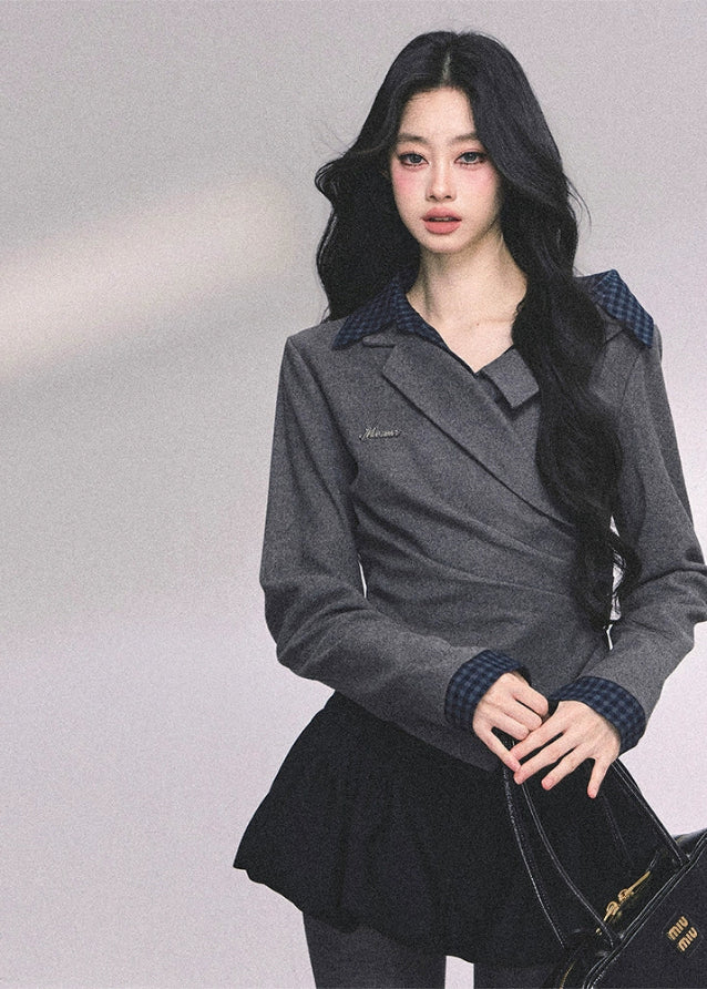 fake two piece polo top, plaid collar long sleeve shirt, schoolgirl style top women, autumn slim fit polo, wrap design knit top women, academia plaid shirt, fw25 preppy top, waist slimming shirt women, australian preppy outfit